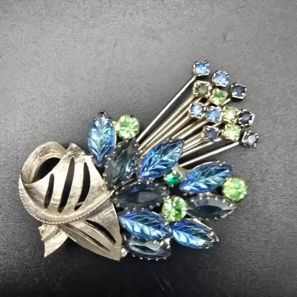 Blue Green Rhinestone Bouquet Brooch UV Glow Vintage Costume Jewelry